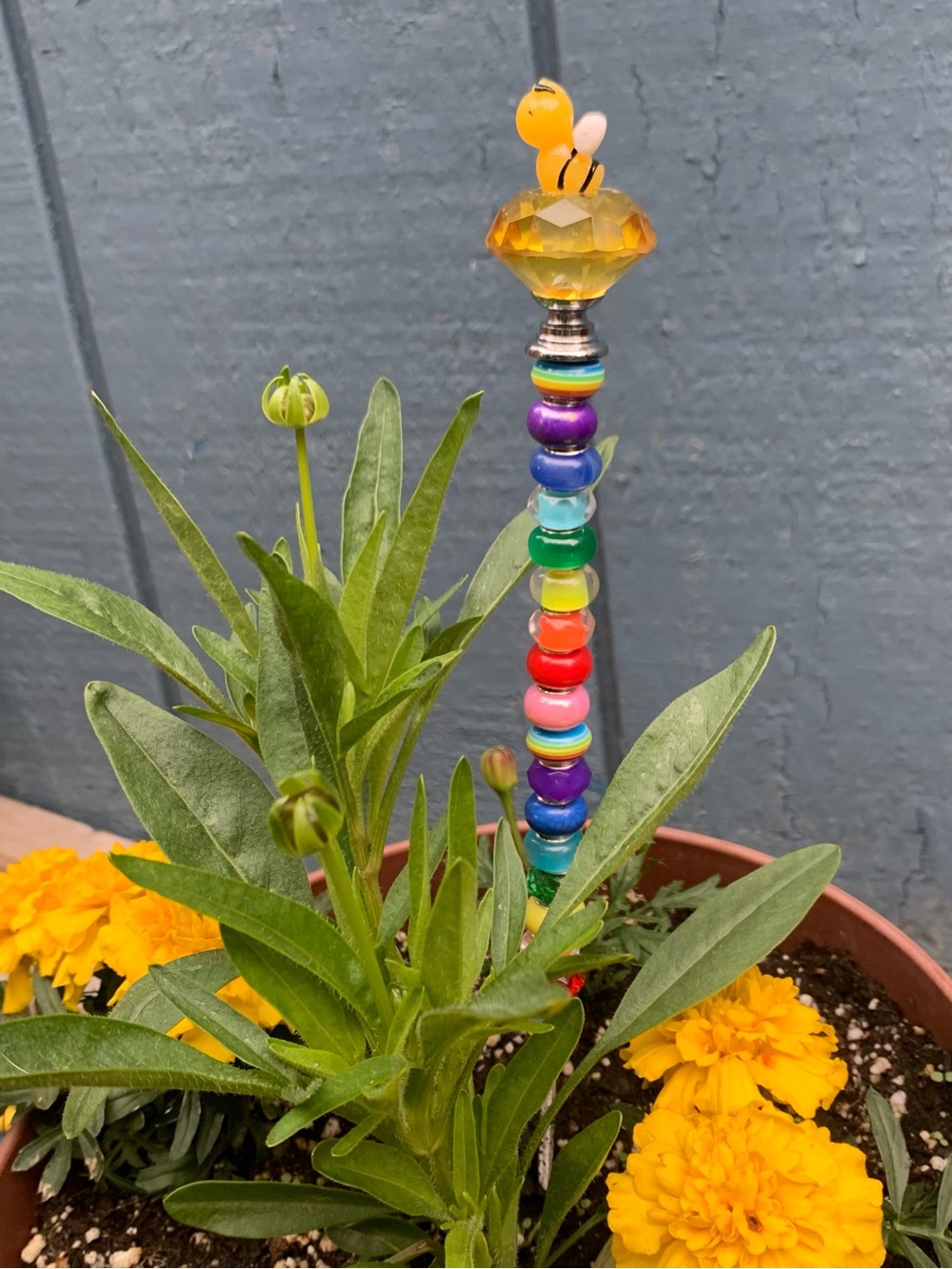 Colorful Beaded Fairy Garden Stake with Yellow Bee Top Handmade - Picture 3 of 3